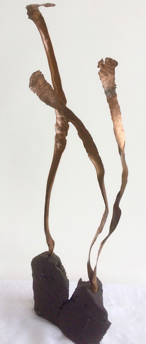 Twin a small Sprout sculpture - copper ribbons emerge from twisted black stoneware base.